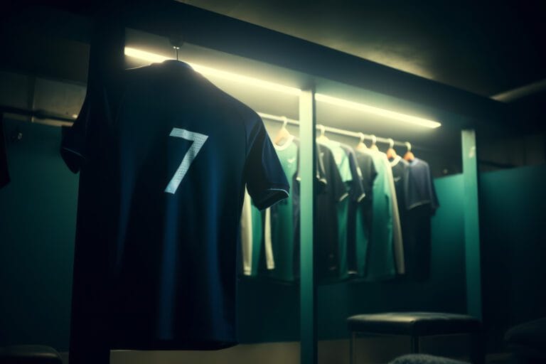 Custom printing soccer jersey with number 7 in locker room