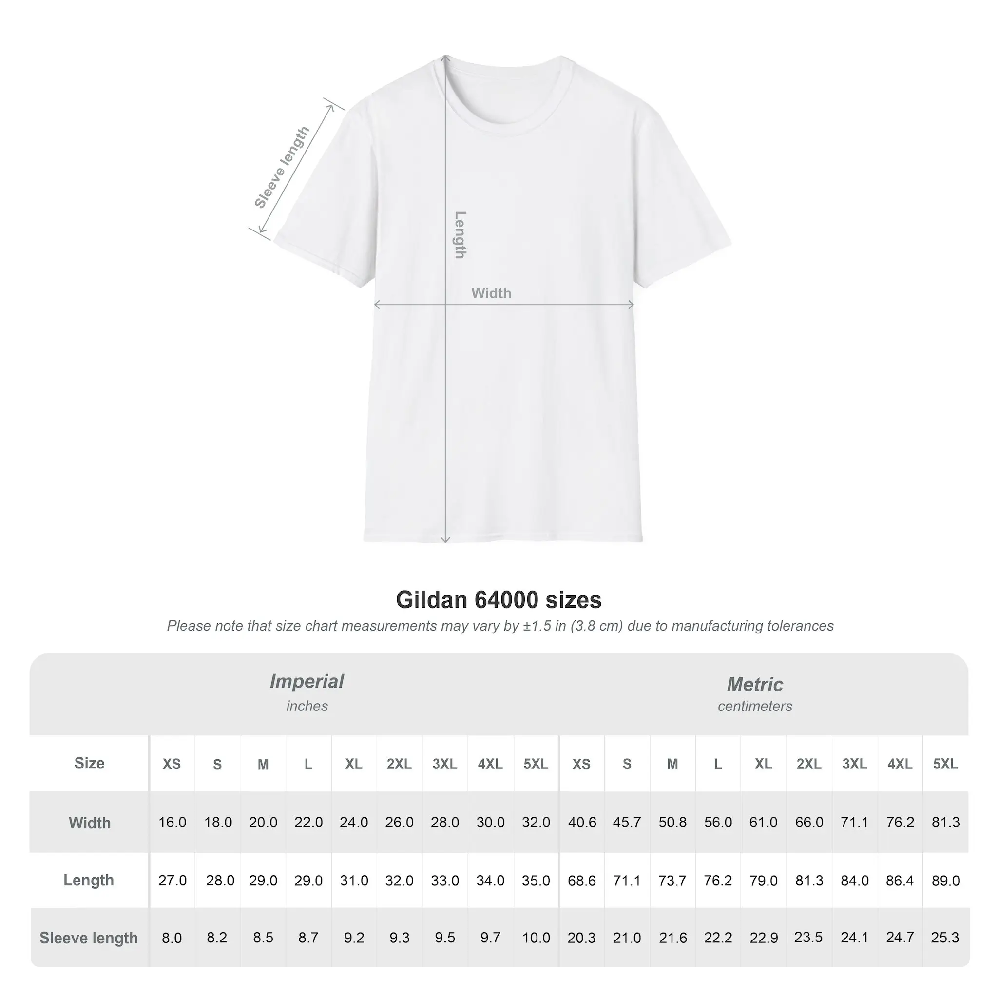 Custom t-shirt size chart for S to 3XL sizing