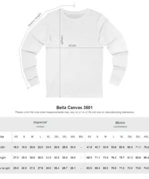 Custom long sleeve shirt size chart for S to 3XL sizing