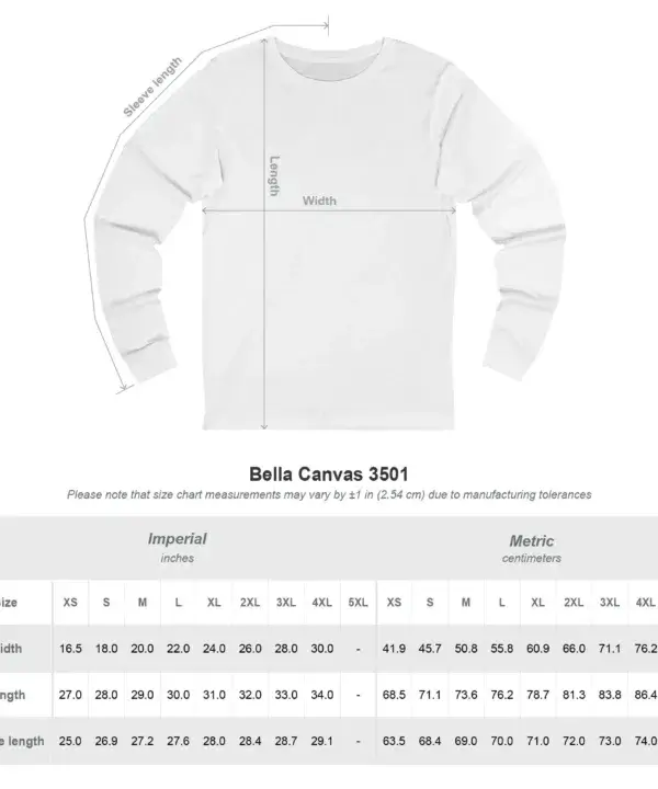 Custom long sleeve shirt size chart for S to 3XL sizing