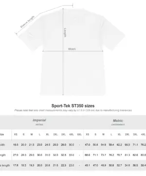 Custom performance t-shirt size chart for S to 3XL sizing