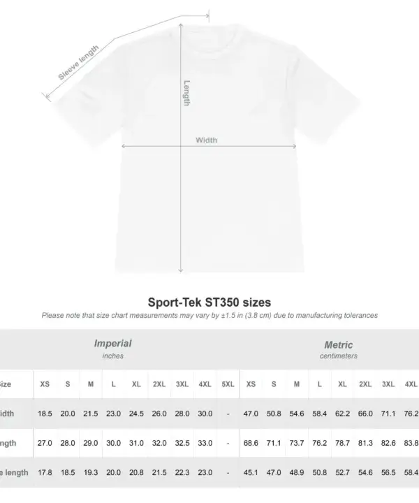 Custom performance t-shirt size chart for S to 3XL sizing