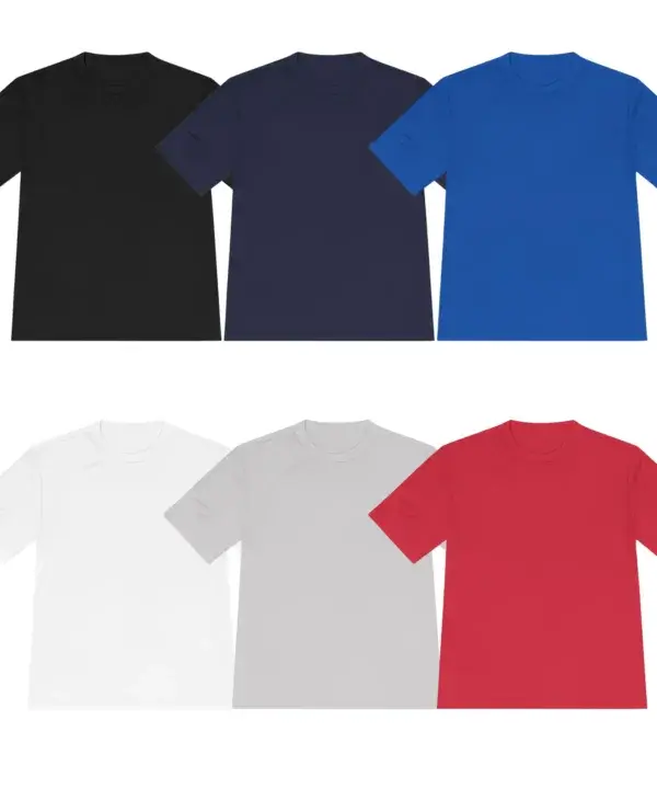 Custom performance t-shirt available colors including black navy and grey