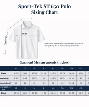 Custom performance polo size chart for S to 3XL sizing