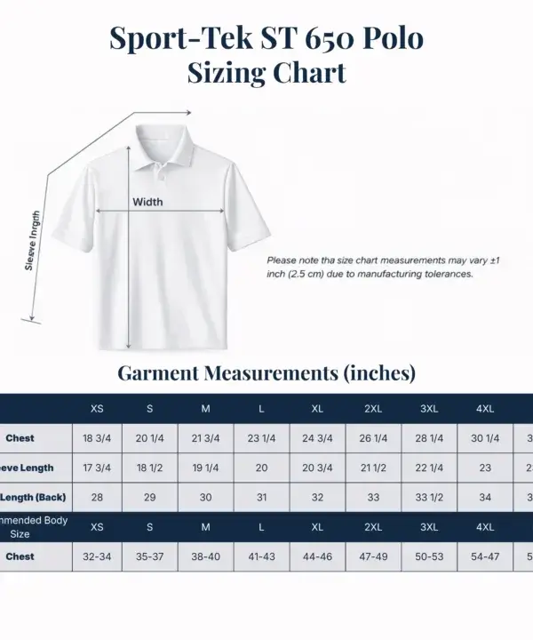 Custom performance polo size chart for S to 3XL sizing