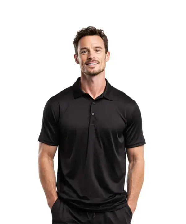 Custom performance polo worn by model for Chicago business uniforms
