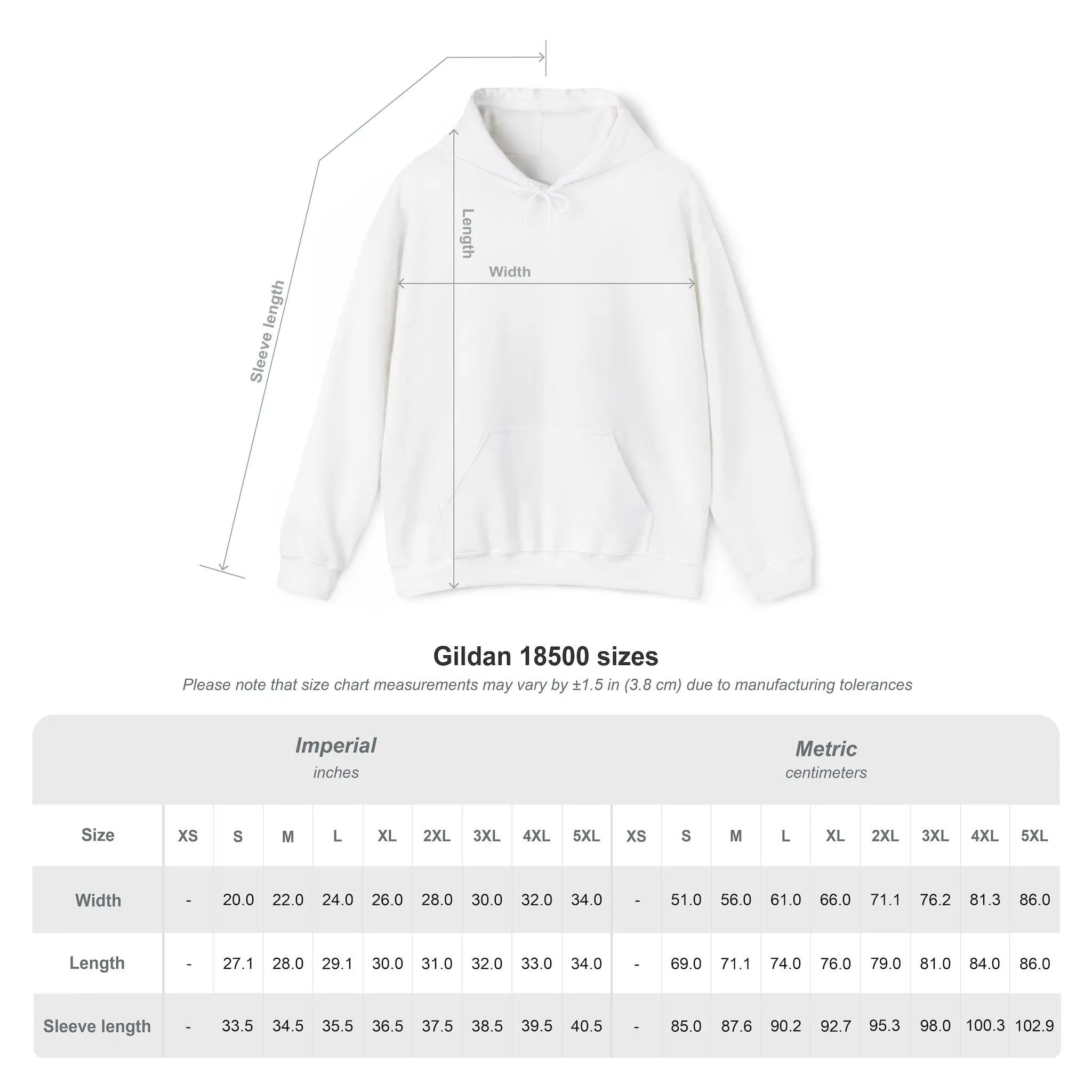 Custom hoodie size chart for S to 3XL sizing