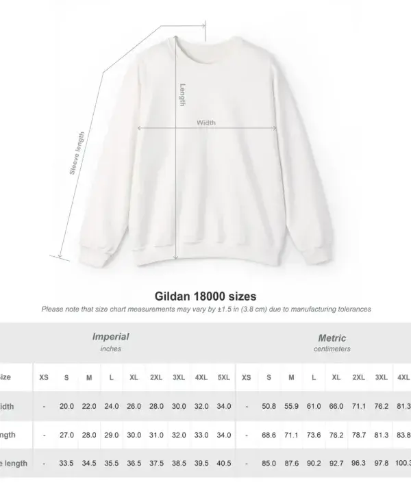 Custom crewneck sweatshirt size chart for S to 3XL sizing