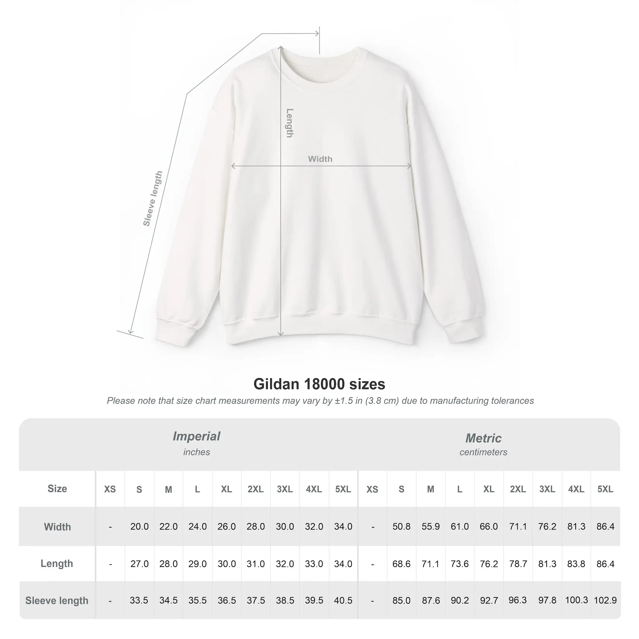 Custom crewneck sweatshirt size chart for S to 3XL sizing
