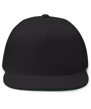 black flat bill structured hat front view showing seamless embroidery area