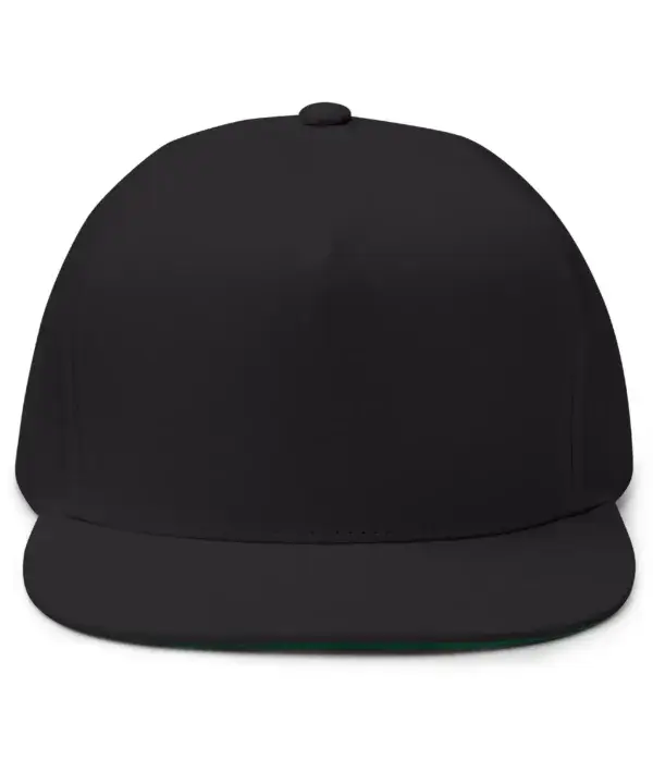 black flat bill structured hat front view showing seamless embroidery area