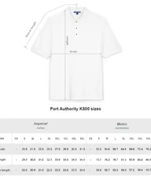 Custom corporate polo size chart for S to 3XL sizing