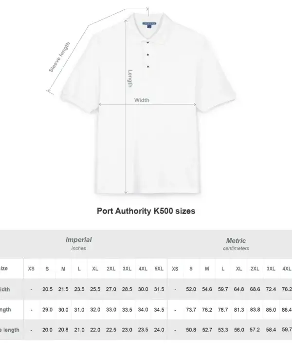 Custom corporate polo size chart for S to 3XL sizing