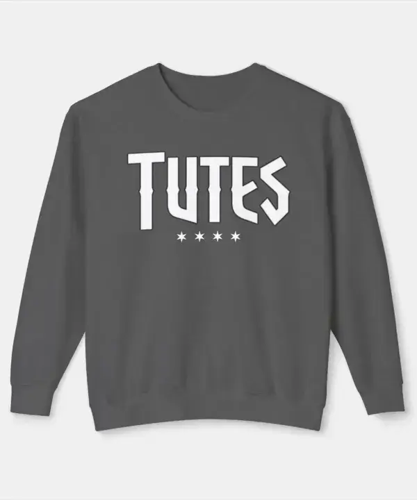 Tutes logo crewneck in Pepper — four Chicago stars printed in white on garment-dyed cotton