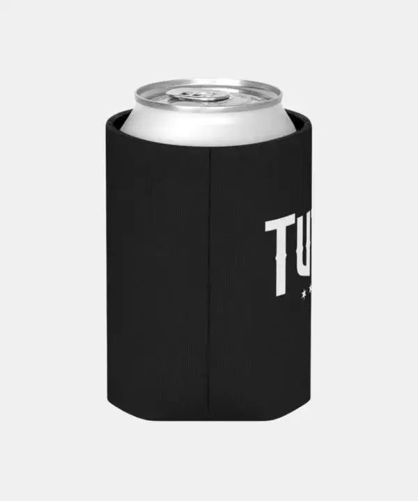 Tutes logo can cooler in black neoprene — four Chicago stars printed in white