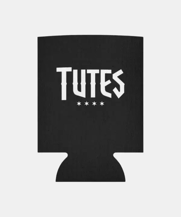 Tutes logo can cooler in black neoprene — four Chicago stars printed in white
