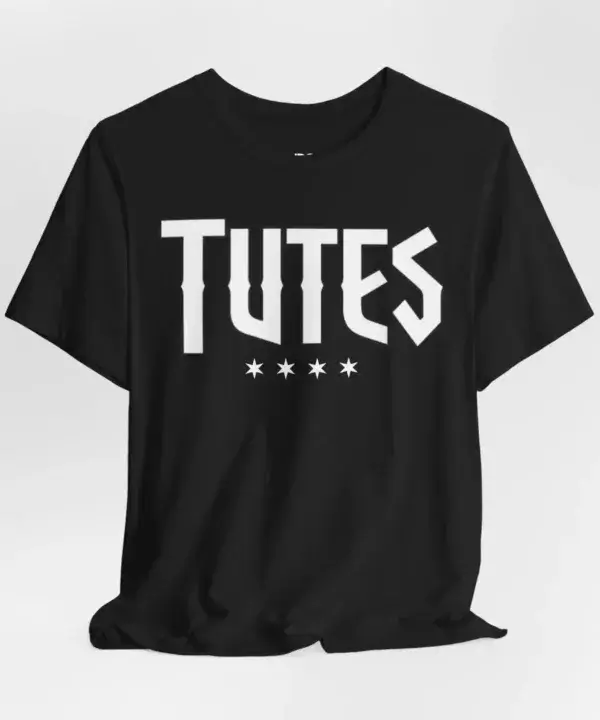 Tutes logo tee — four Chicago stars printed in white on a Bella+Canvas 3001 unisex tee