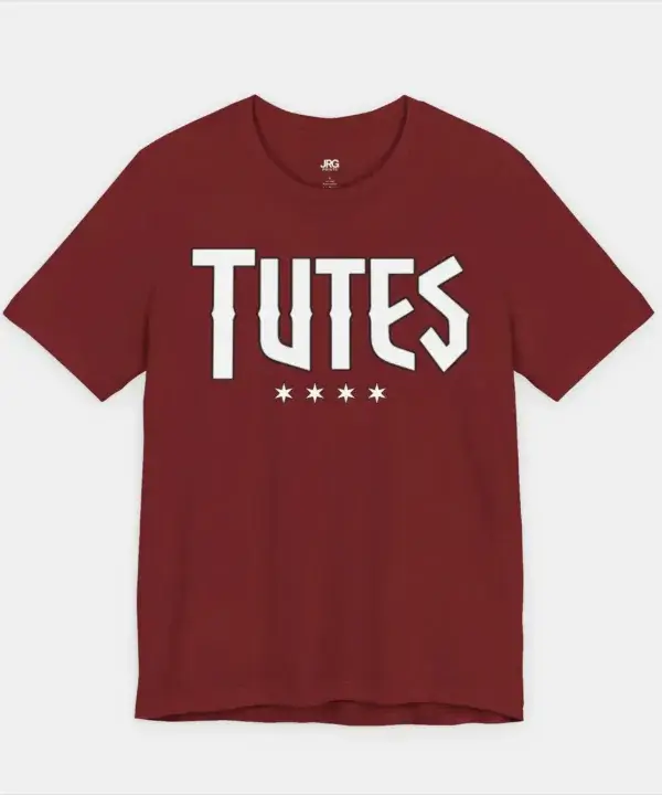 Tutes logo tee in Cardinal — four Chicago stars printed in white on a Bella+Canvas 3001 unisex tee