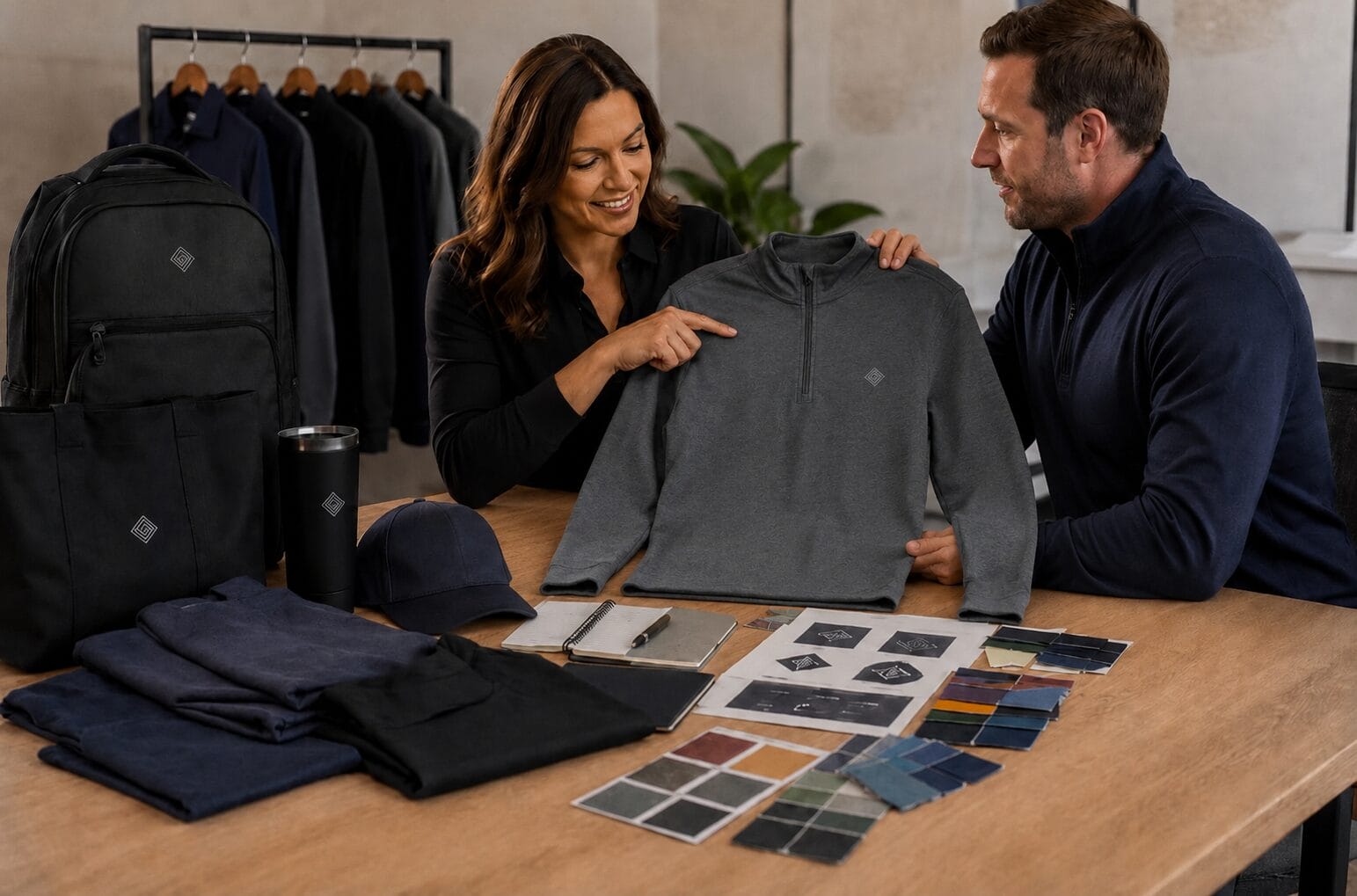 Design consultation reviewing custom apparel with color swatches and logo proofs alongside branded polos, hats, backpacks and tumblers