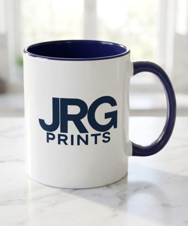Custom branded coffee mug on a kitchen counter, showing everyday size and use