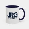 Custom coffee mug with navy accent handle for business branded merchandise