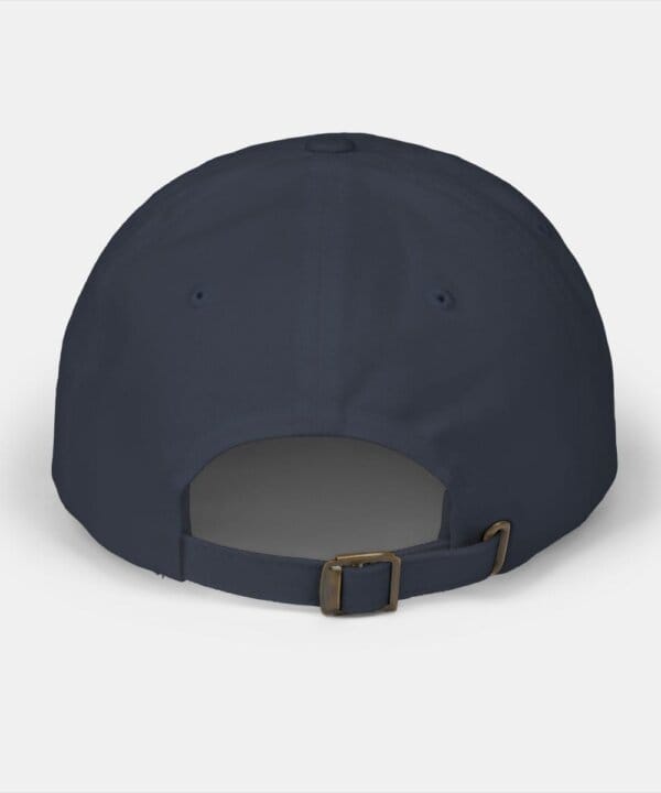Custom embroidered hat back view with adjustable buckle closure, one size fits most