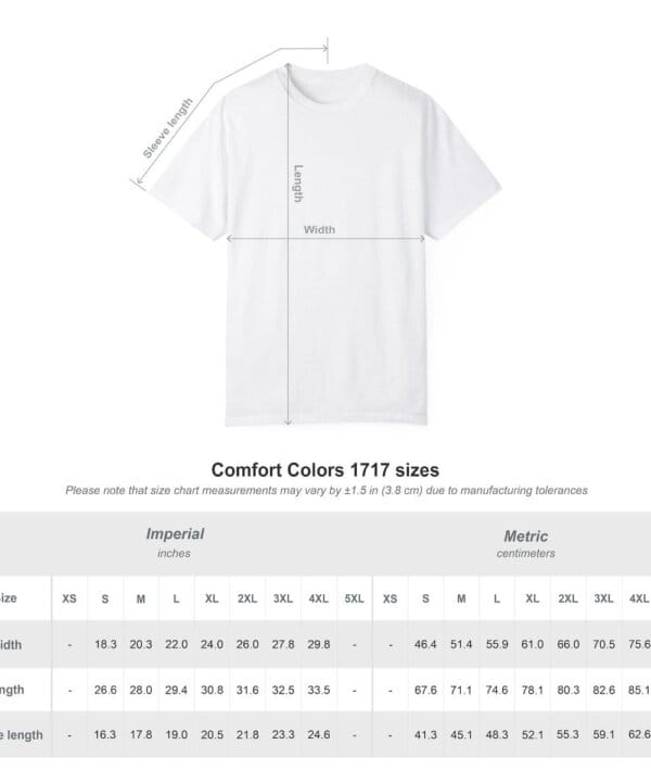 Comfort Colors 1717 size chart with width, length and sleeve measurements