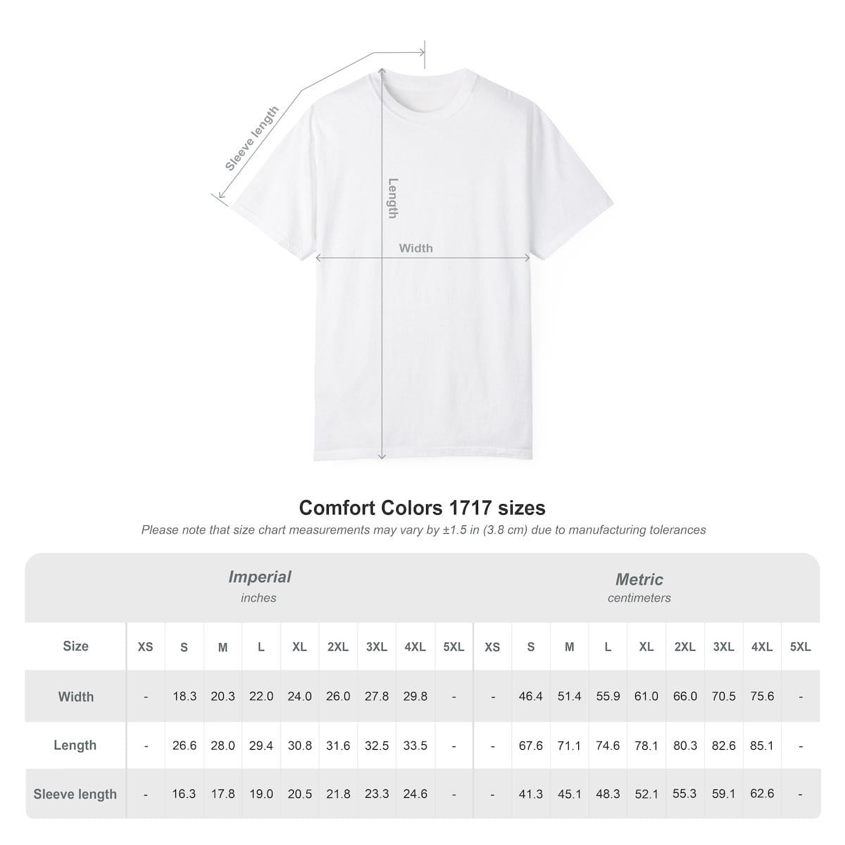 Comfort Colors 1717 size chart with width, length and sleeve measurements