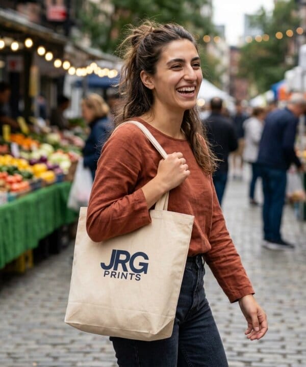 Custom branded tote bag carried at a market, showing everyday size and use