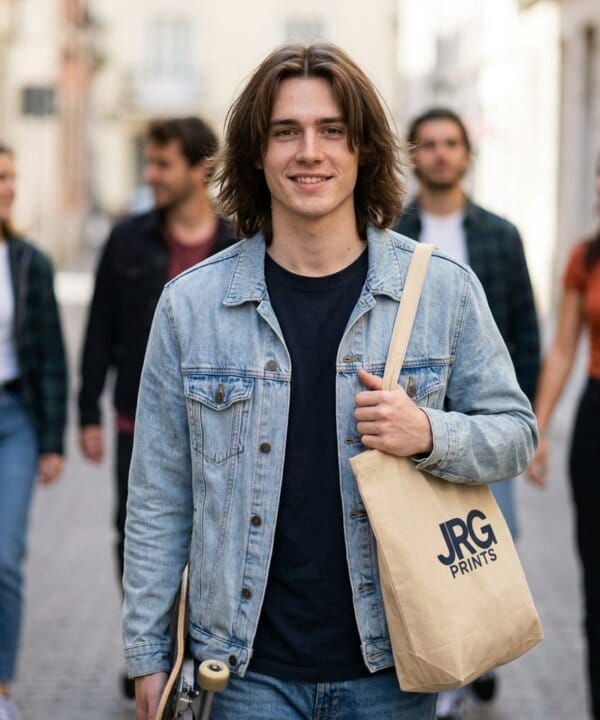 Custom branded tote bag carried over the shoulder on a city street, showing full size in use