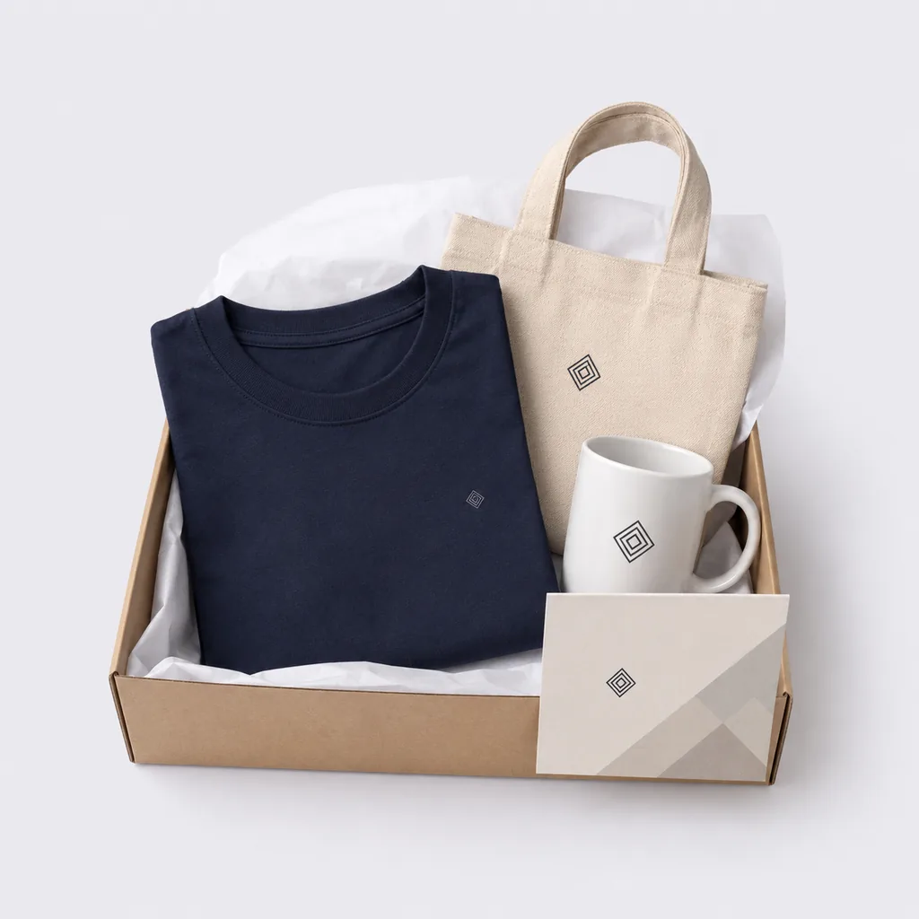 Custom branded swag kit with t-shirt, tote bag, mug, and card.