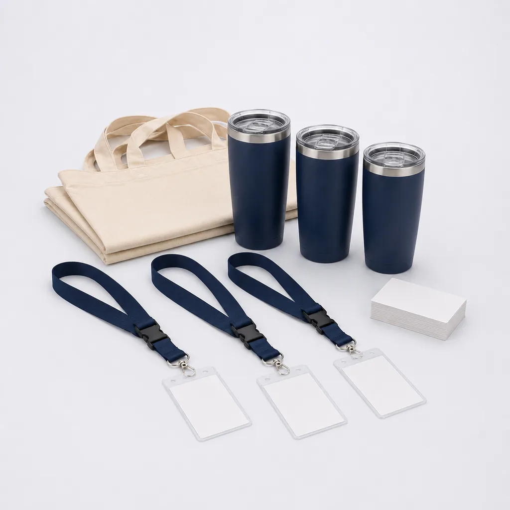 Custom event merchandise including keychains, tumblers, and tote bags.
