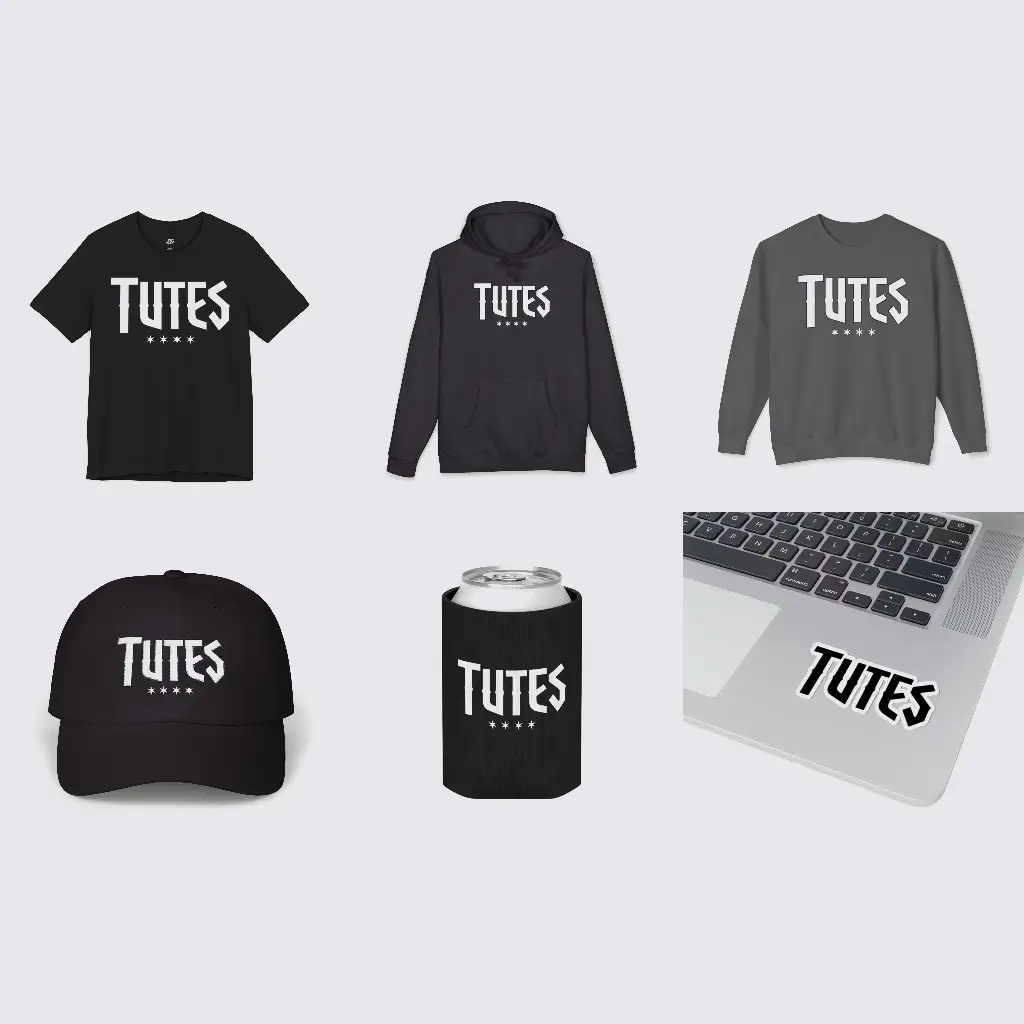 Branded merchandise lineup for an online merch store — custom tees, hoodies, hats, and accessories