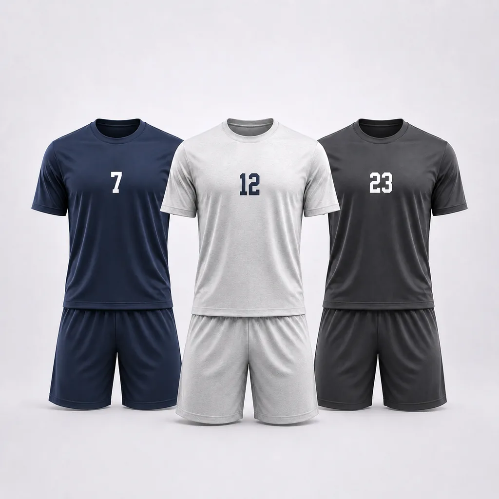 Custom team uniforms with numbered jerseys and matching shorts for sports teams.