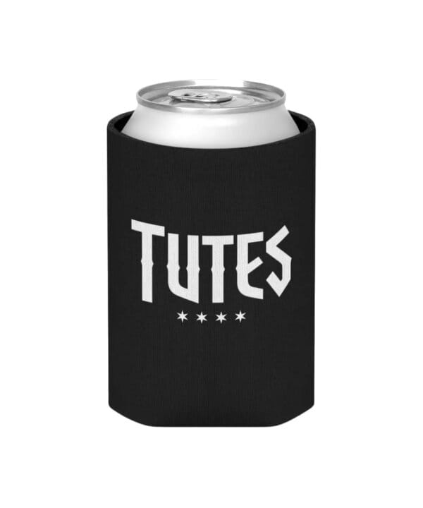 Tutes logo can cooler in black neoprene — four Chicago stars printed in white