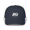Custom embroidered hat in navy with white logo for team and corporate headwear
