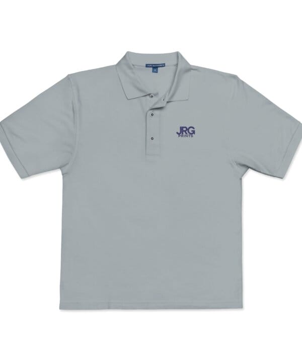 Custom cool grey corporate polo with the navy JRG Prints logo embroidered on the left chest