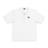 Custom white corporate polo with the navy JRG Prints logo embroidered on the left chest