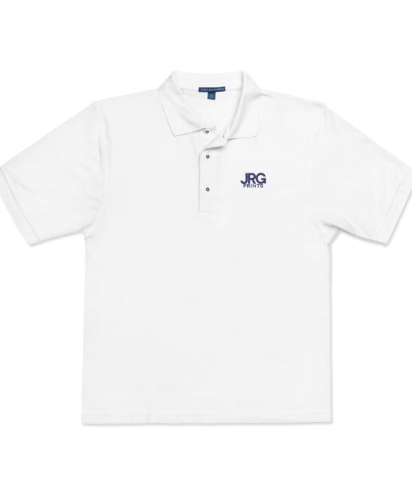Custom white corporate polo with the navy JRG Prints logo embroidered on the left chest
