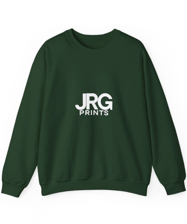 Custom forest green crewneck sweatshirt with the white JRG Prints logo printed on the chest