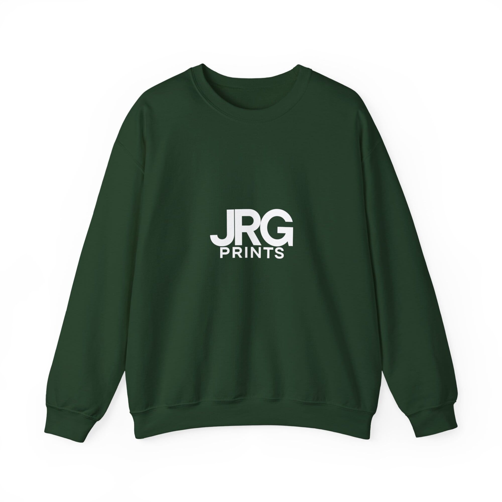 Custom forest green crewneck sweatshirt with the white JRG Prints logo printed on the chest