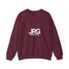 Custom maroon crewneck sweatshirt with the white JRG Prints logo printed on the chest