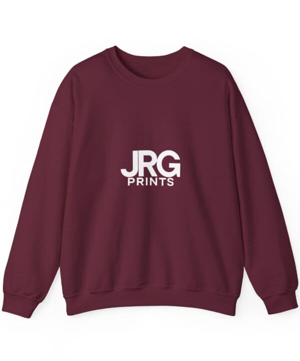Custom maroon crewneck sweatshirt with the white JRG Prints logo printed on the chest