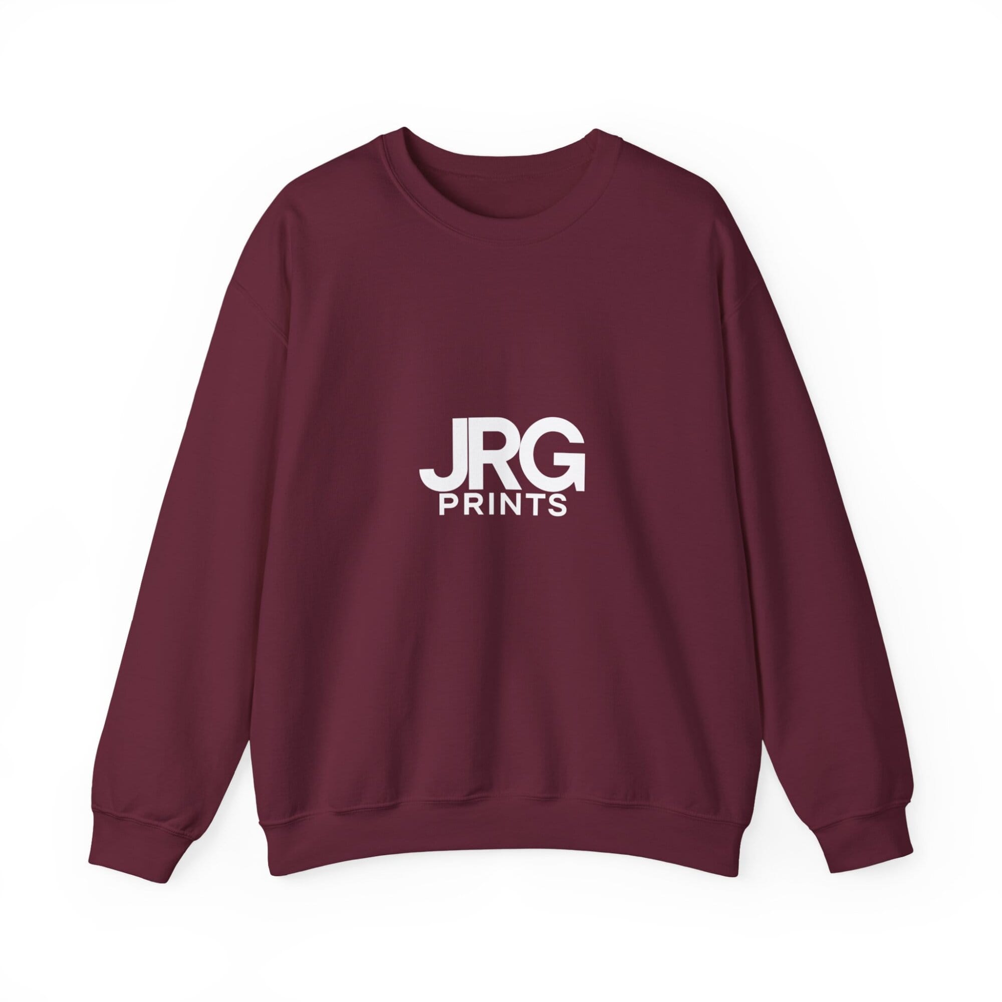 Custom maroon crewneck sweatshirt with the white JRG Prints logo printed on the chest