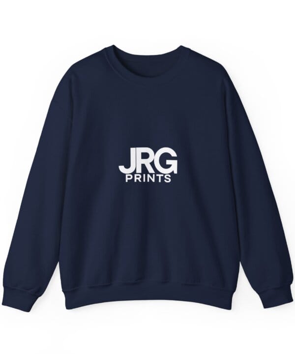 Custom navy crewneck sweatshirt with the white JRG Prints logo printed on the chest