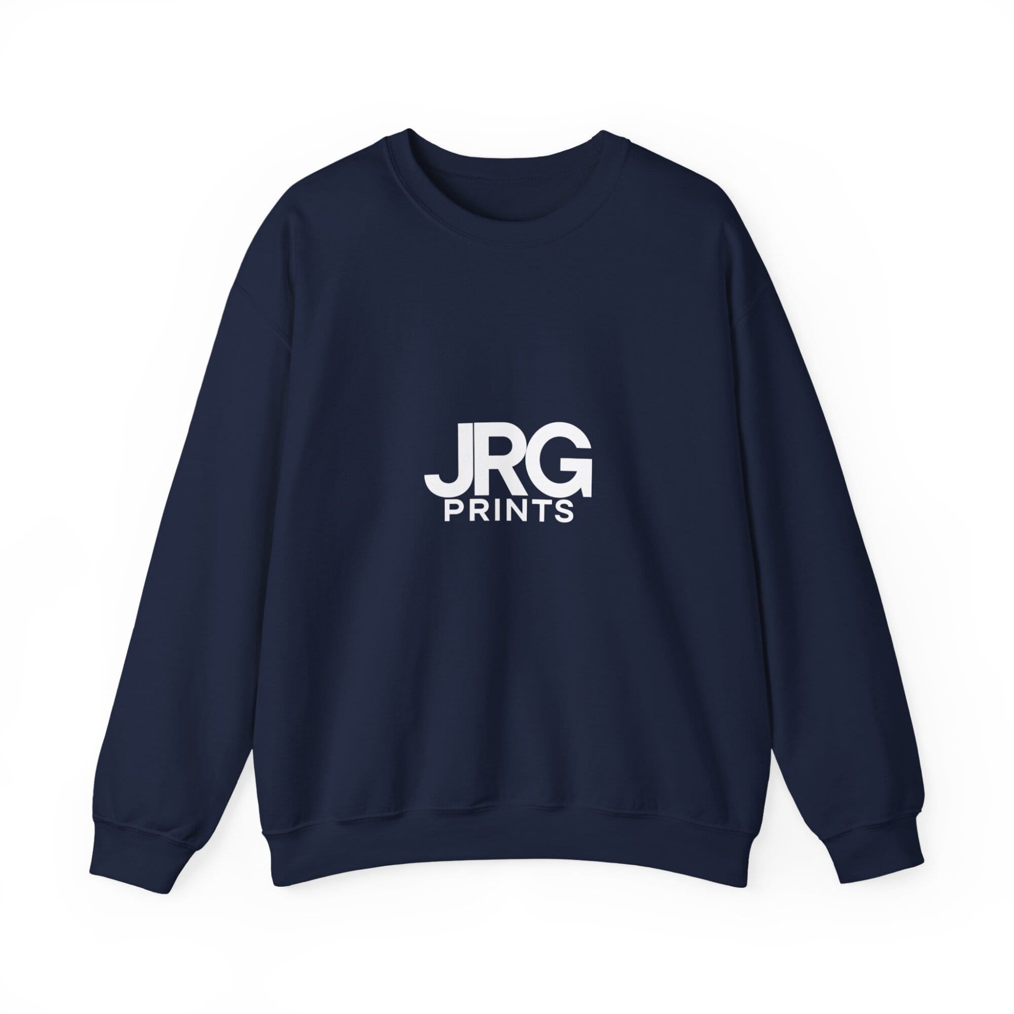 Custom navy crewneck sweatshirt with the white JRG Prints logo printed on the chest