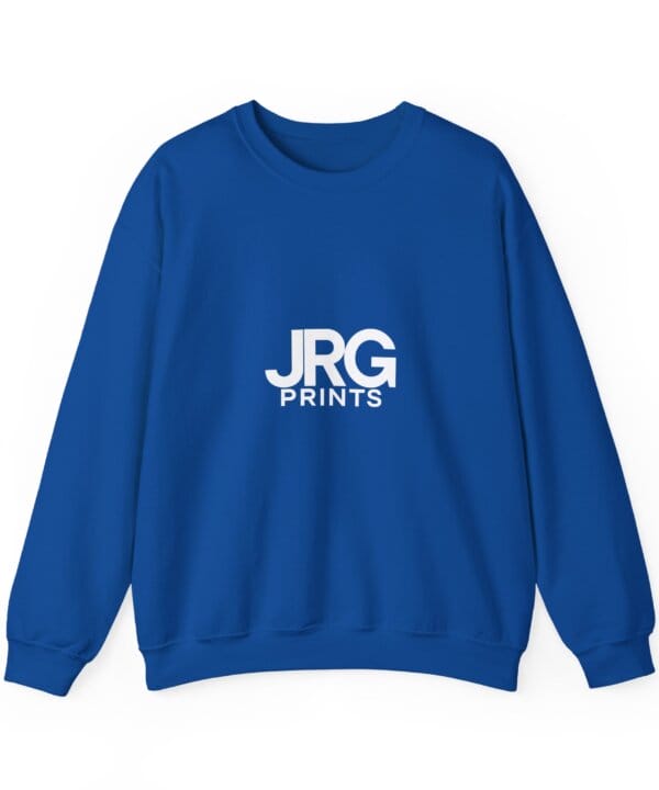 Custom royal crewneck sweatshirt with the white JRG Prints logo printed on the chest