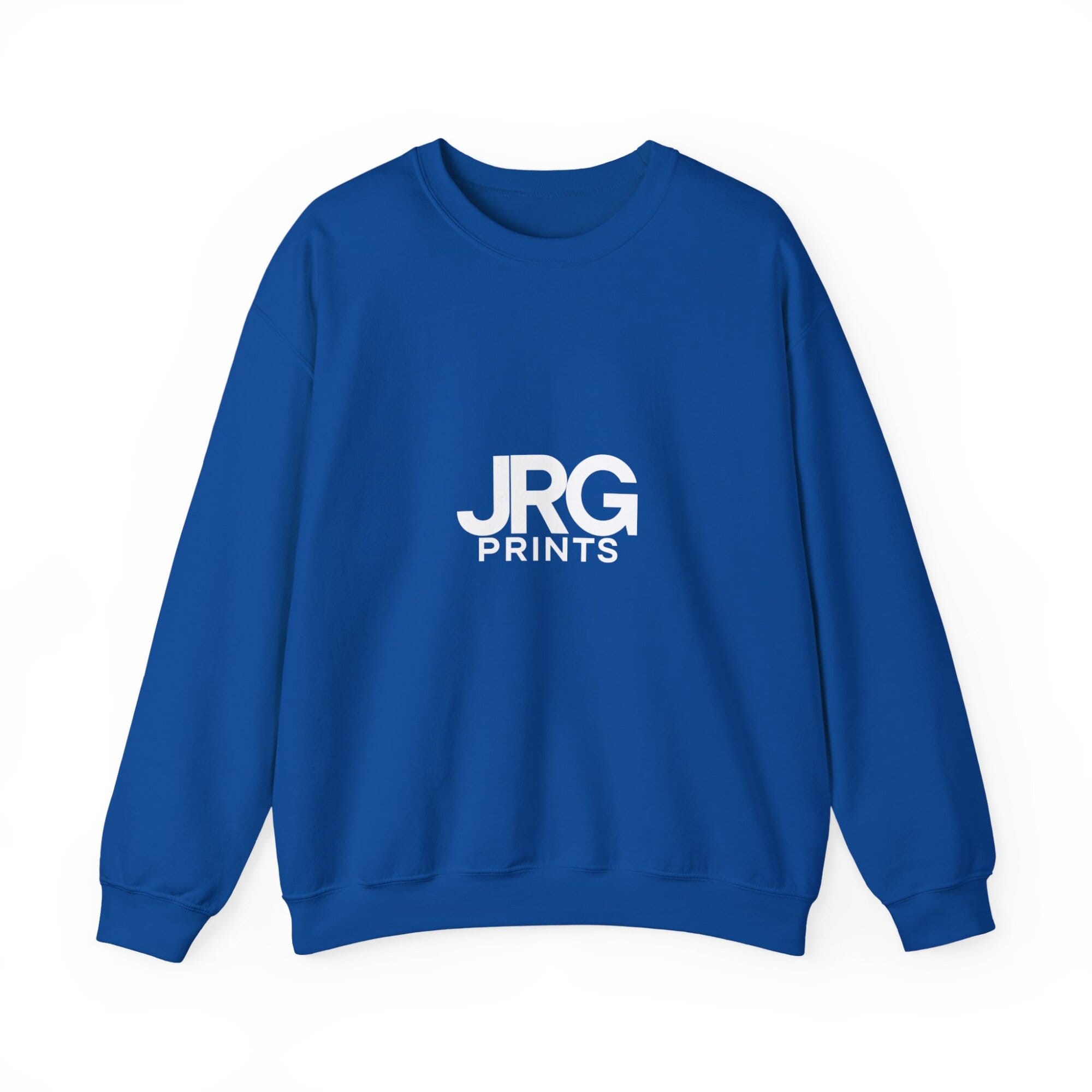 Custom royal crewneck sweatshirt with the white JRG Prints logo printed on the chest