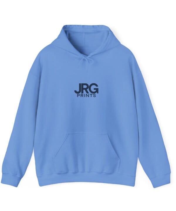 Custom carolina blue hoodie with the navy JRG Prints logo printed on the chest
