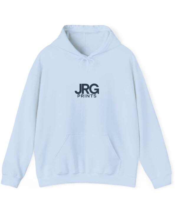 Custom light blue hoodie with the navy JRG Prints logo printed on the chest